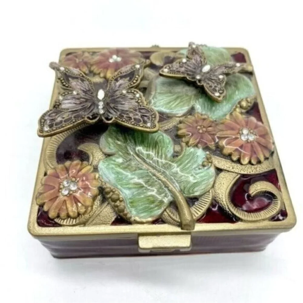 Vintage Floral Butterfly Enamel Rhinestone Jewelled Trinket Box